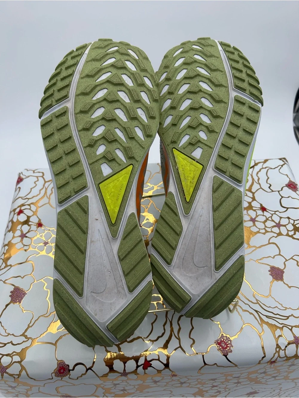 Nike Men's Gray Sneakers with Orange Panels and Neon Yellow Accents